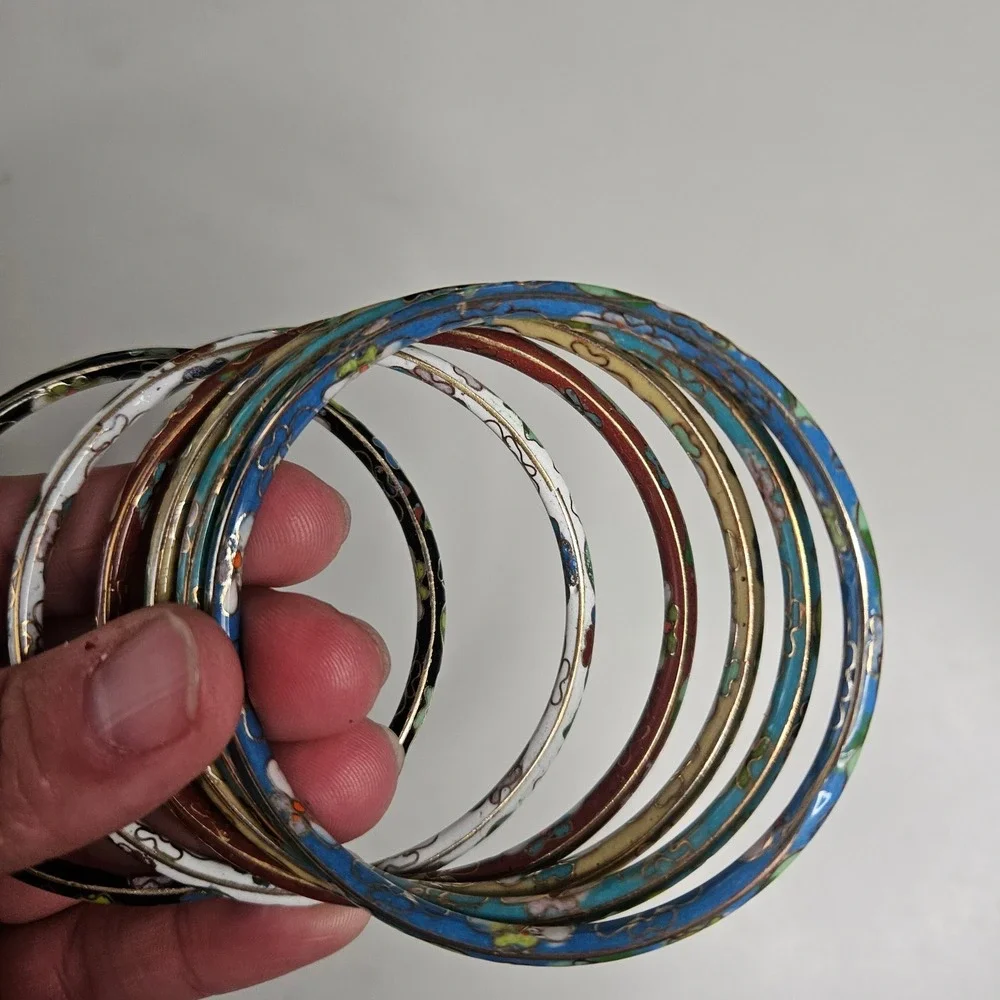 Vintage Cloisonne Enamel Floral Bangle Bracelets‎ Set of 6 Multicolor Stackable